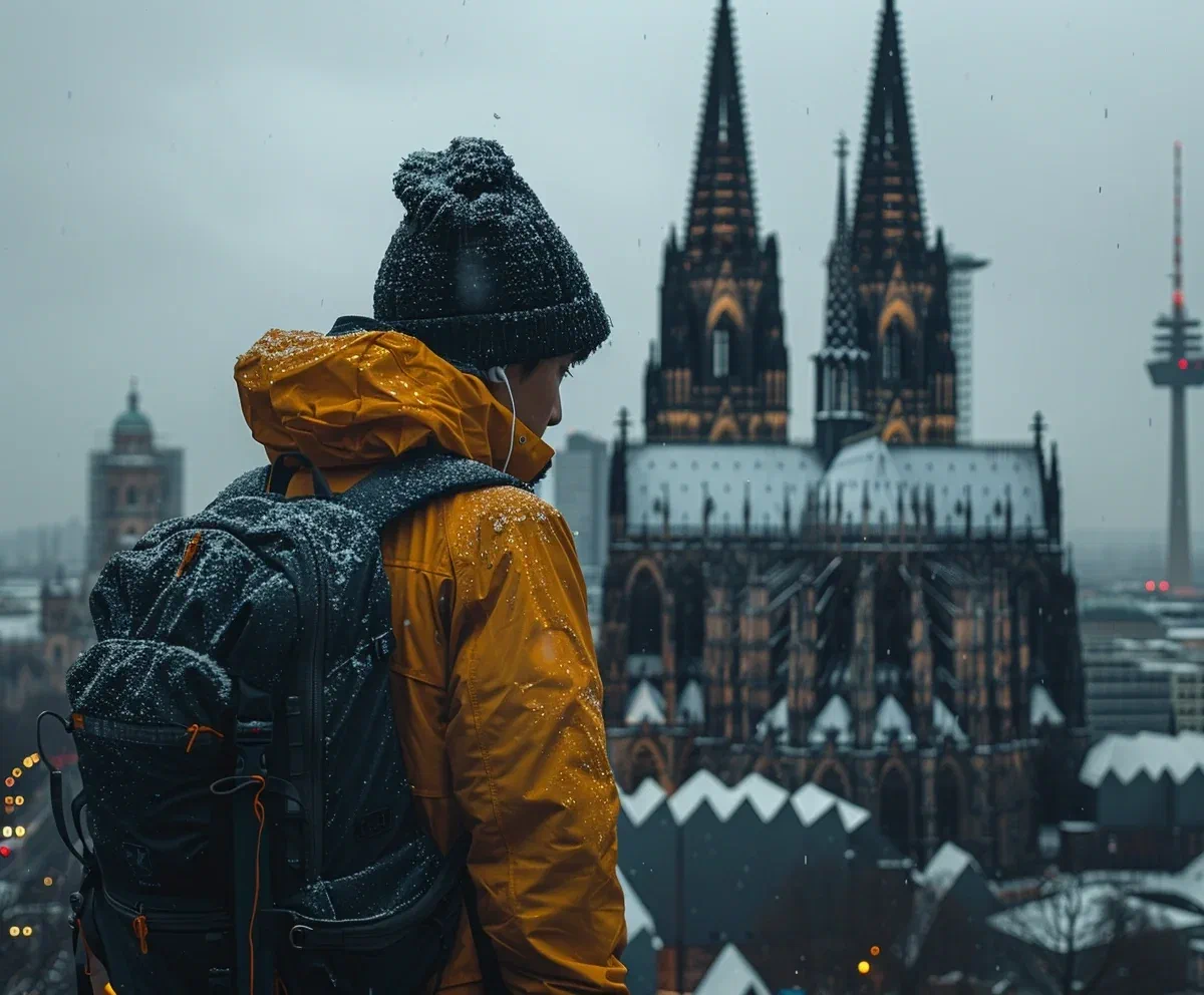 A traveller with a backpack looking at Cologne Cathedral