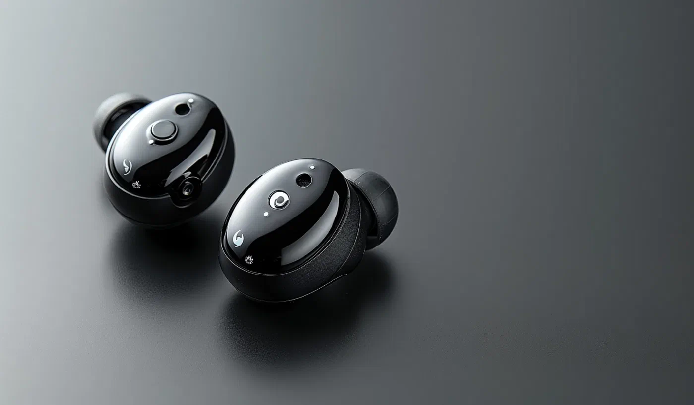Two glossy black AI Buddies earbuds on a grey surface