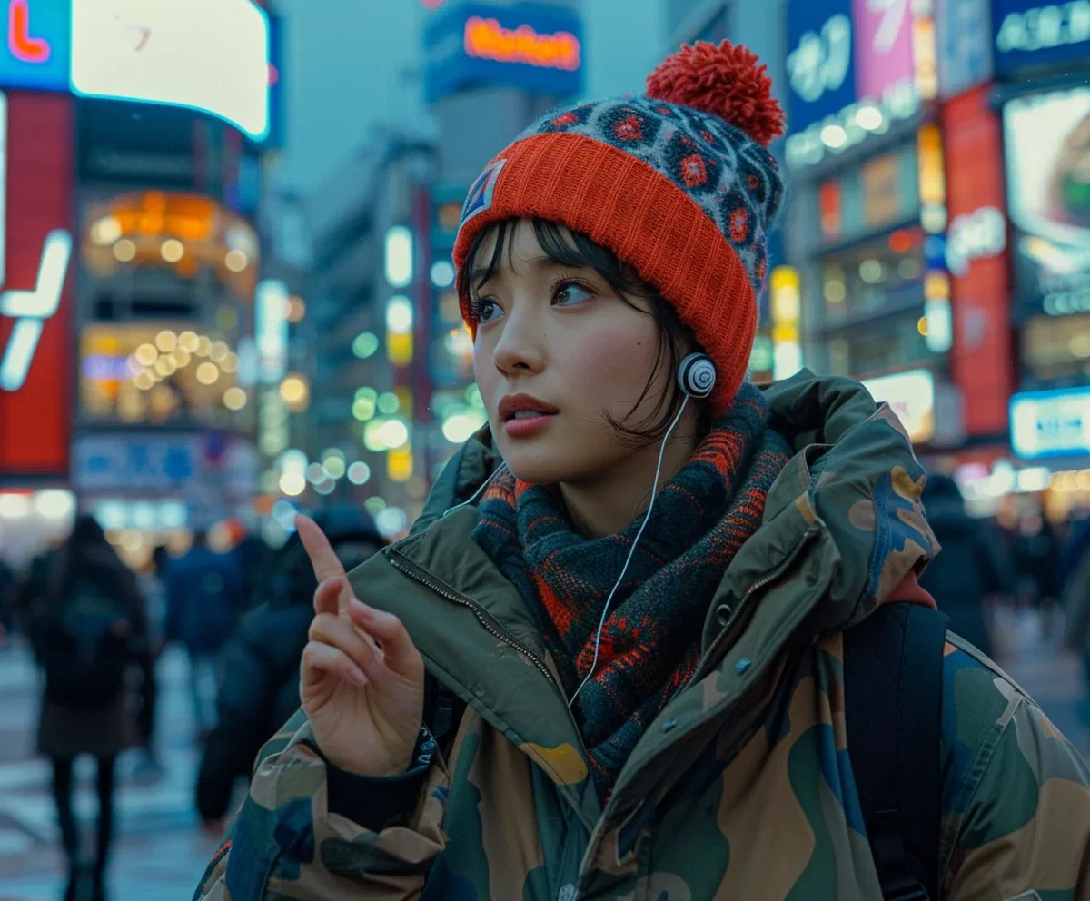 A woman with earbuds pointing at neon signs in a busy city at dusk