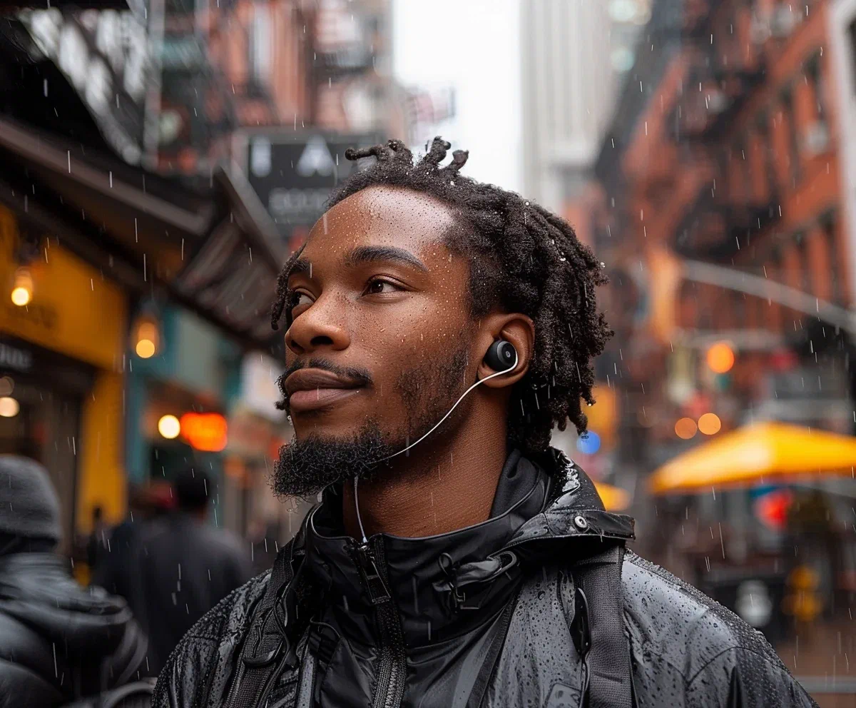 A man with earbuds in a busy, rainy city street