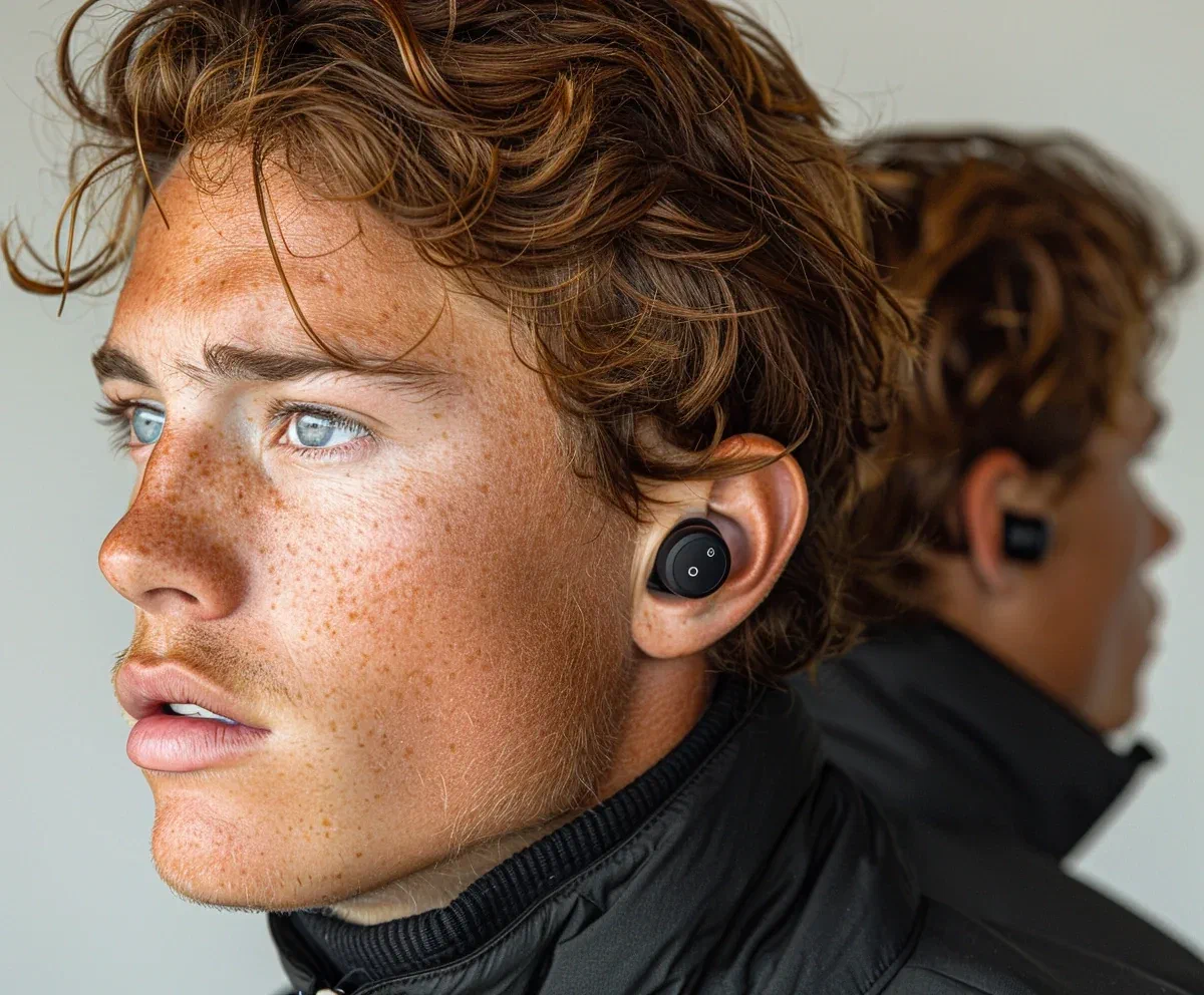A young man in profile, wearing an AI Buddies earbud